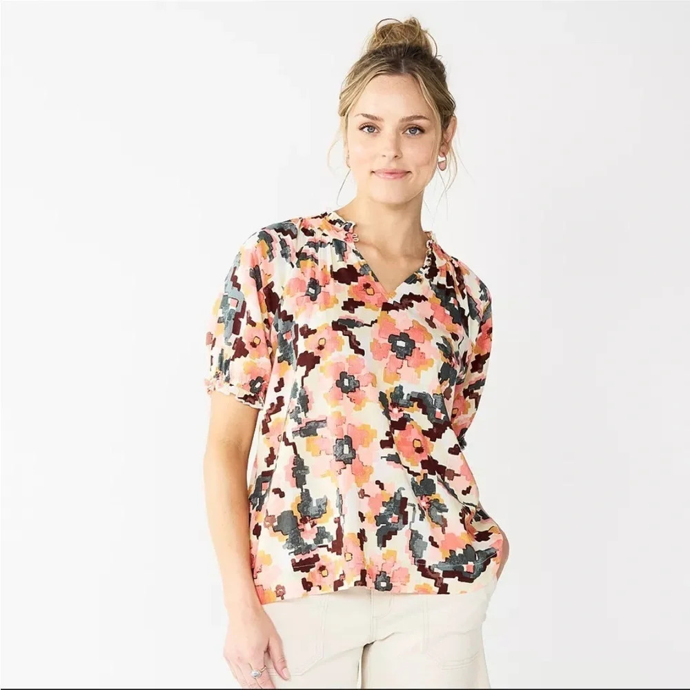 NWT Sonoma Puff‎ Sleeve Floral Top XL Pink